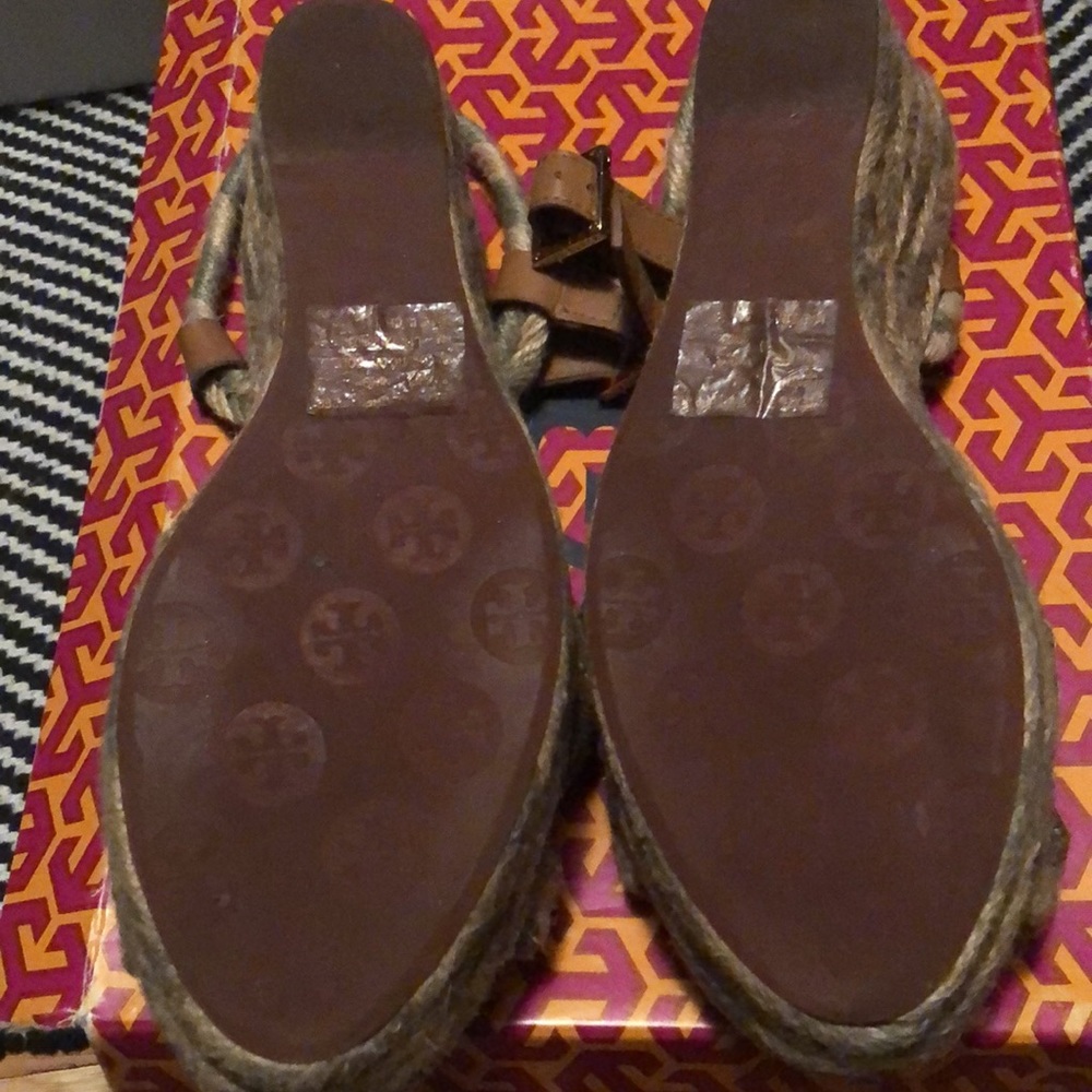 Tory Burch Khaki/Royal Tan Camelia Mid Wedge Espadrille Sz 8 - Picture 6 of 6